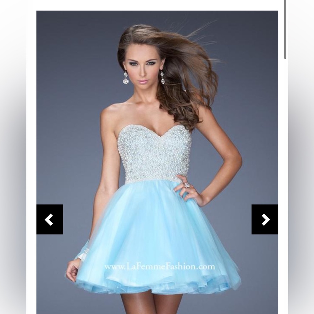 La Femme Light Blue Strapless Prom Dress